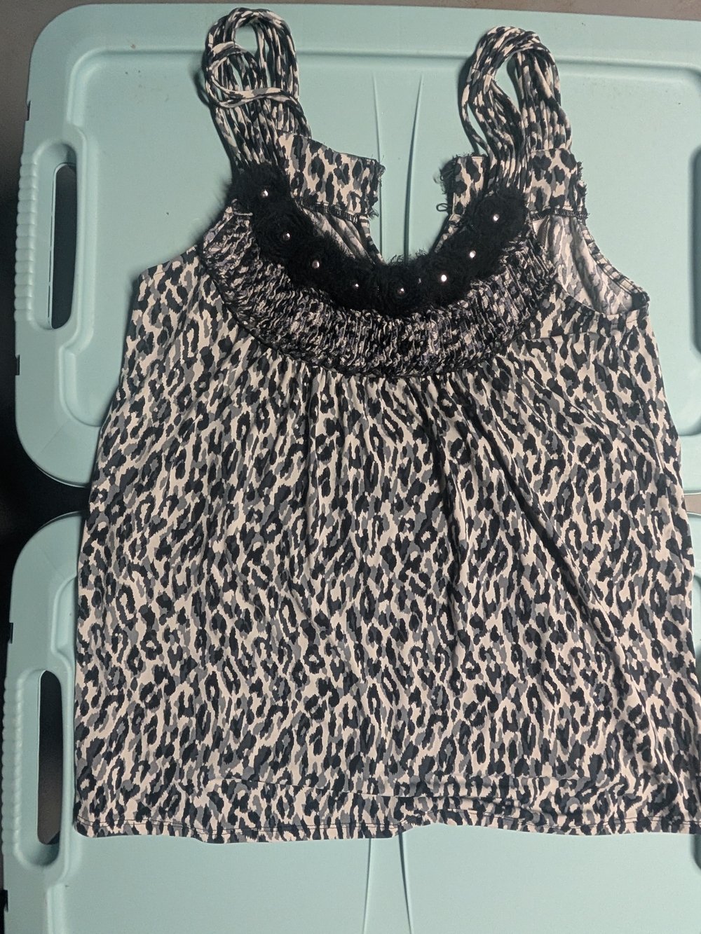 ECI Black and White Leopard Print Camisole with Beaded Neckline